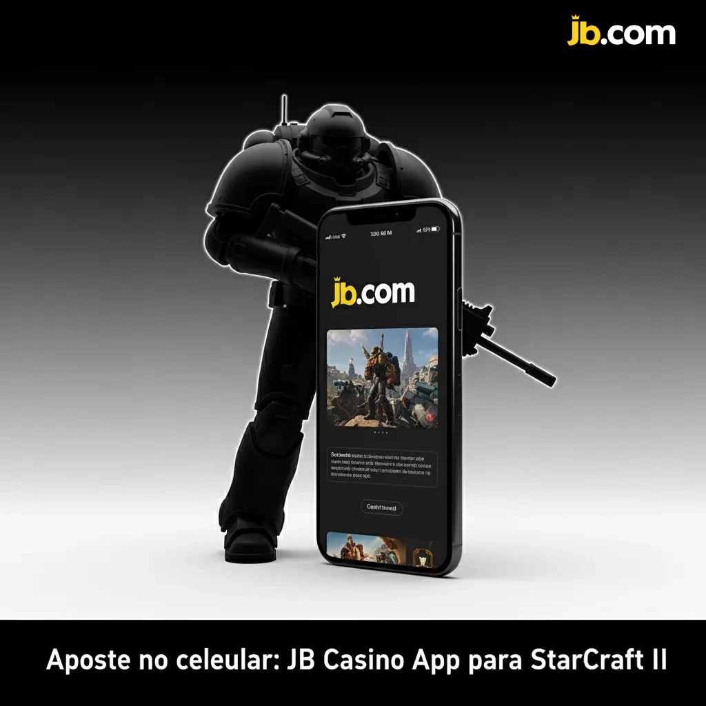 Tela do app JB Casino no celular com apostas ao vivo em StarCraft II e botões Android e iOS