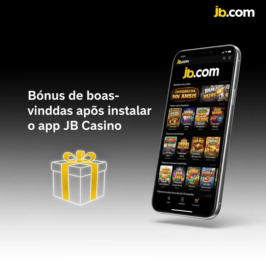 Tela do app JB Casino com bônus de boas-vindas: aposta sem risco, giros grátis, cashback e odds turbinadas.