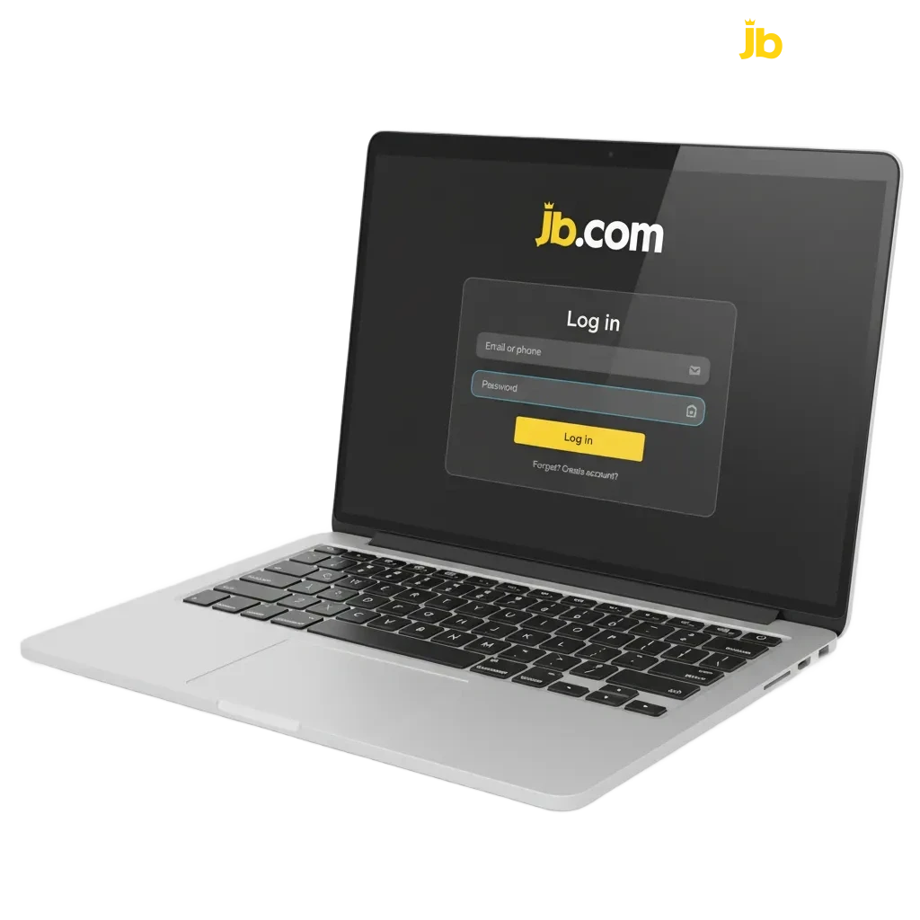 Tela de login do JB Casino no Brasil, com campos de e-mail e senha, ícones de 2FA e criptografia no site e app móvel.