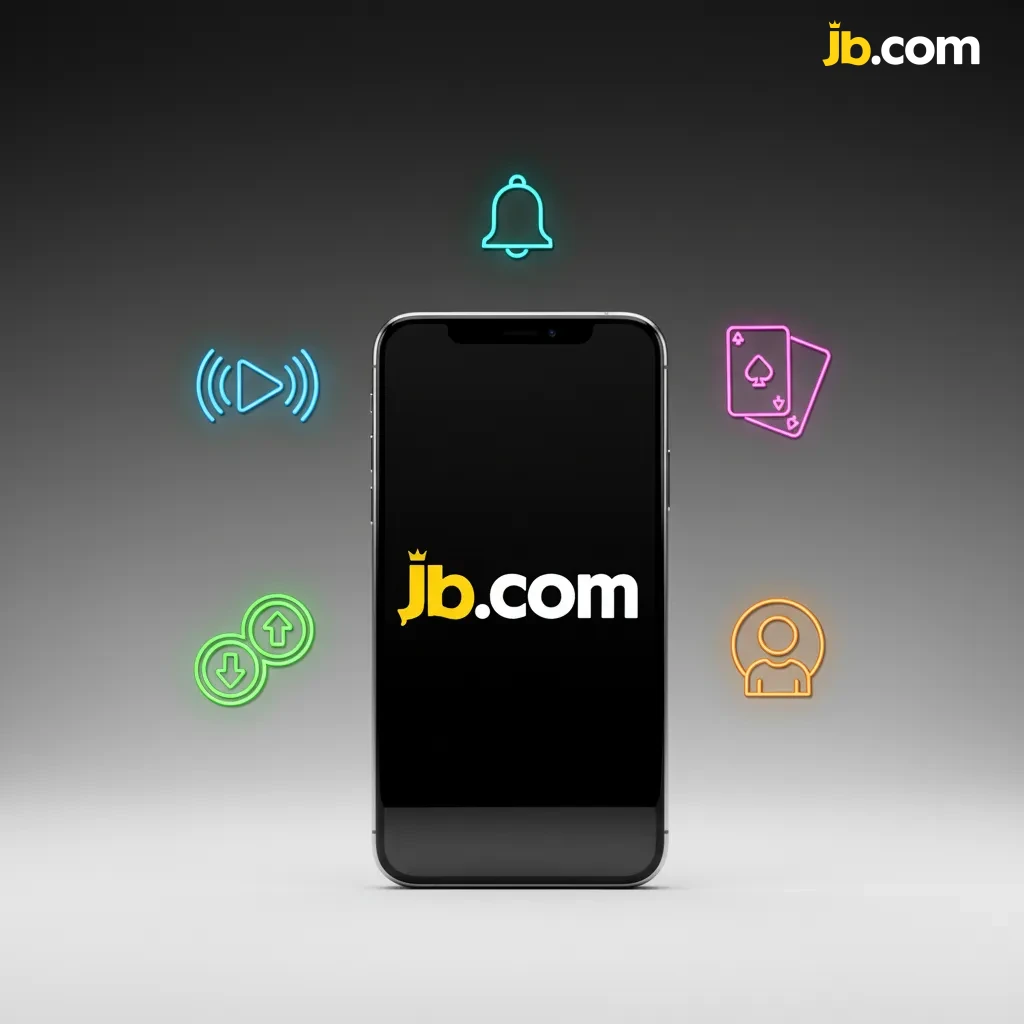 Tela do app móvel JB Casino no iPhone com Pix, BRL, apostas ao vivo, cash out, promoções, suporte 24h e jogo responsável.