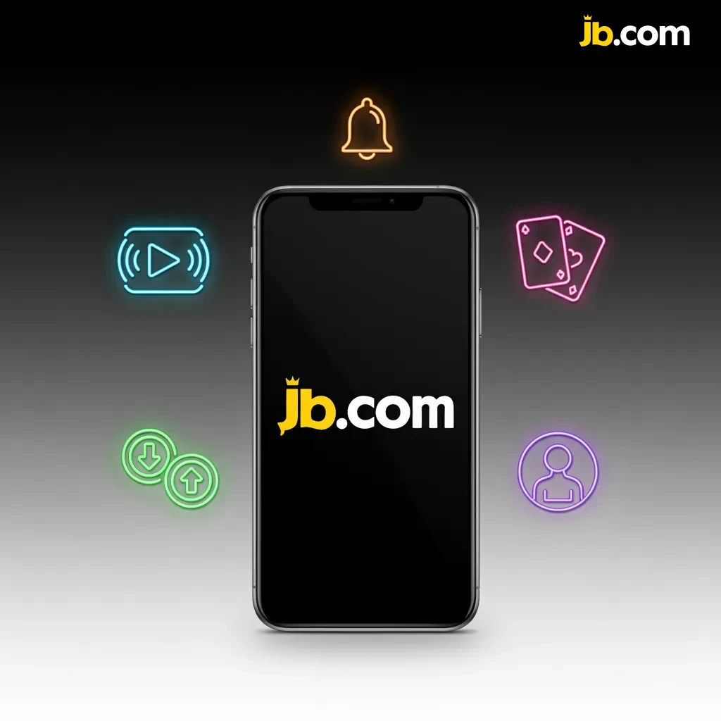 Tela do app JB Casino com esportes e cassino, apostas ao vivo, Pix instantâneo e notificações de gols, bônus e cash out.