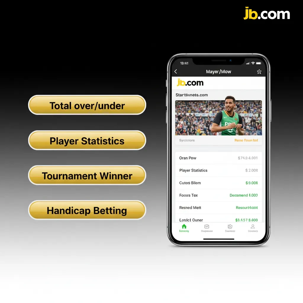 Tela do app JB Casino com tipos de aposta: simples, múltipla, dupla hipótese, handicap asiático, total e ao vivo.