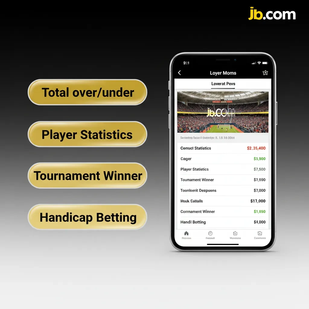 Infográfico do app JB Casino com tipos de apostas: simples, dupla, tripla, múltipla, handicap asiático e total/over-under.