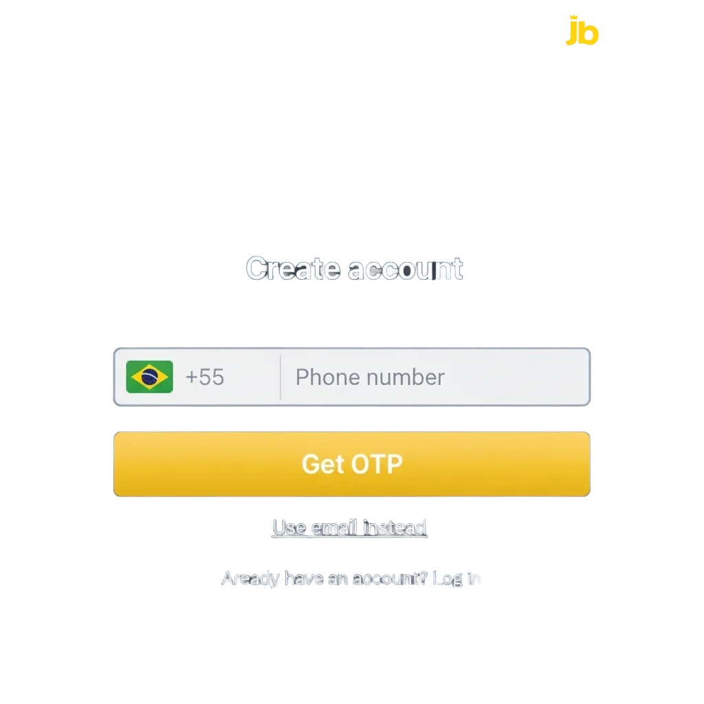 Tela do JB Casino com ícones de cadastro, login e verificação, suporte em português e oferta Aposta Sem Risco.